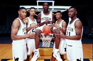 The Fab Five helped the University of Michigan win NCAA championships in 1992 and 1993. From left in 1991, Jimmy King, Juwan Howard, Chris Webber, Jalen Rose and Ray Jackson.