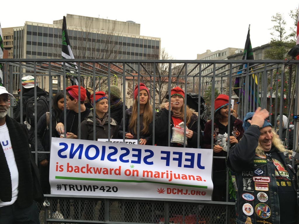 Caged marijuana supporters pass out joints as part of their inauguration rally to "make America high." 